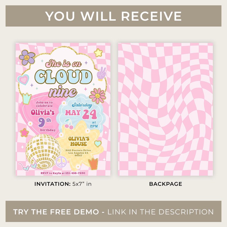 Cloud 9 Birthday Invitation, Editable Preppy Pink Party Template, Wavy ...