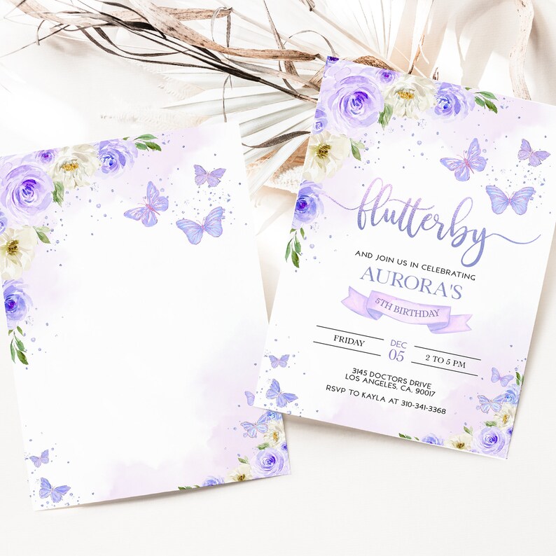EDITABLE Butterfly Birthday Invitation, Kids Magical Garden Invite Template, Floral Lilac Purple and Gold Girl Party, Instant Download KP060 image 2