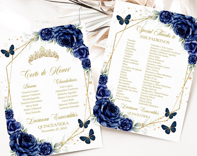 Royal Blue Floral Quinceañera Mis Padrinos Lista Imprimible, PLANTILLA