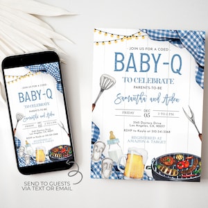 May include: A blue and white baby shower invitation with a barbecue theme. The invitation features a grill, a beer mug, a baby bottle, and a spatula. The text on the invitation reads "Join us for a coed Baby-Q to celebrate parents-to-be Samantha and Aiden. Friday, December 05, 2 to 5 PM. 3145 Doctors Drive, Los Angeles, CA, 90017. RSVP to Kayla at 310-341-3368. Registered at Amazon & Target."