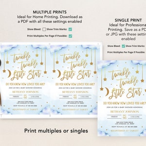 May include: A baby shower invitation with a blue and white watercolor background featuring gold stars and the text "Twinkle Twinkle Little Star". The invitation includes the date, time, and location of the shower, as well as the name of the guest of honor, Bethany Johnson.
