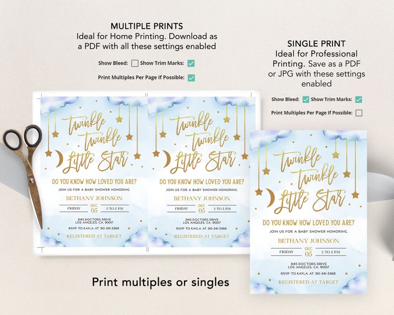 May include: A baby shower invitation with a blue and white watercolor background featuring gold stars and the text "Twinkle Twinkle Little Star". The invitation includes the date, time, and location of the shower, as well as the name of the guest of honor, Bethany Johnson.