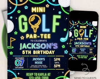 Mini Golf Birthday Invitation, EDITABLE Hole In One Party Invite, Neon Glow Golfing Boys Par-Tee, Arcade Birthday, Instant Download KP393