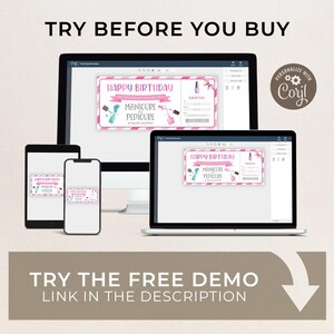 Pu&ograve; includere: Un buono regalo stampabile rosa e bianco con il testo "Buon compleanno" e "Manicure Pedicure" con un design di bottiglia di smalto per unghie rosa e blu. Il testo "Personalizza con Corjl" &egrave; nell'angolo in alto a destra dell'immagine.
