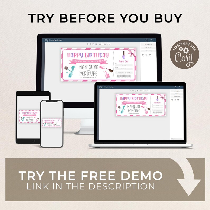 Pu&ograve; includere: Un buono regalo stampabile rosa e bianco con il testo "Buon compleanno" e "Manicure Pedicure" con un design di bottiglia di smalto per unghie rosa e blu. Il testo "Personalizza con Corjl" &egrave; nell'angolo in alto a destra dell'immagine.