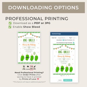 May include: A digital invitation for a child's birthday party with a pickle theme. The invitation reads "Turning Five is a Big Dill!" and includes the party details. The design features cartoon pickles and colorful bunting.