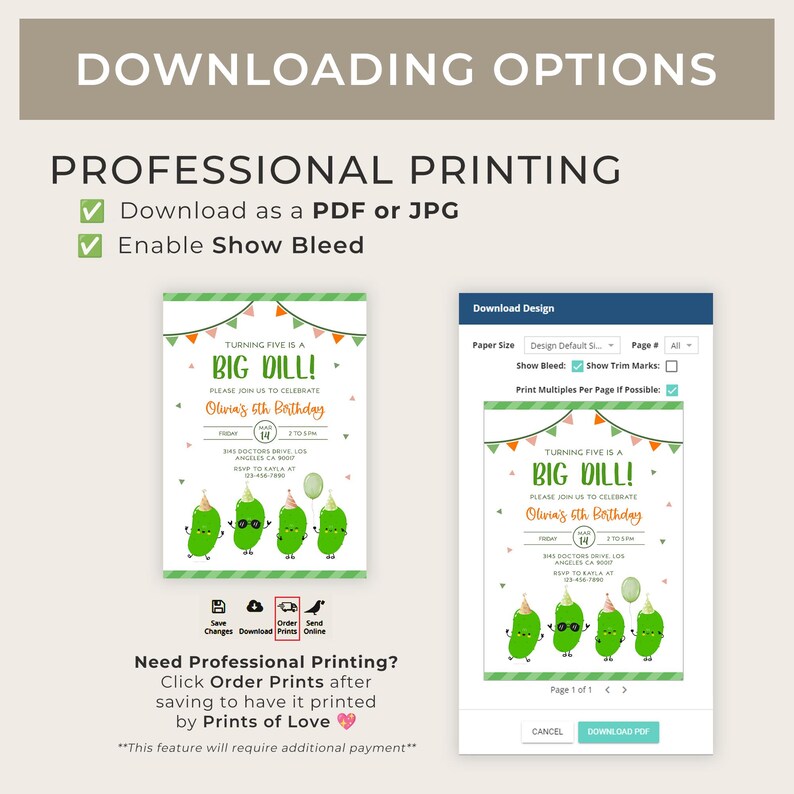 May include: A digital invitation for a child's birthday party with a pickle theme. The invitation reads "Turning Five is a Big Dill!" and includes the party details. The design features cartoon pickles and colorful bunting.