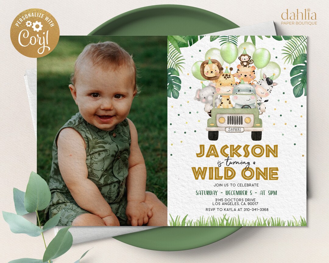 Wild One Birthday Invitation With Photo, EDITABLE Safari Animals Party