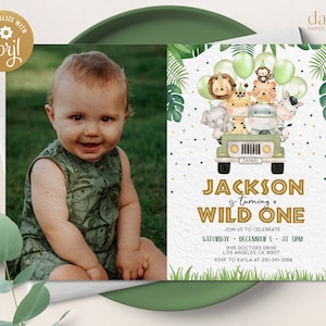 May include: A green and gold jungle-themed first birthday party invitation with a photo of a baby boy. The invitation features a cartoon safari jeep with animals and balloons. The text reads "Jackson is turning a Wild One" and includes the date, time, and location of the party.