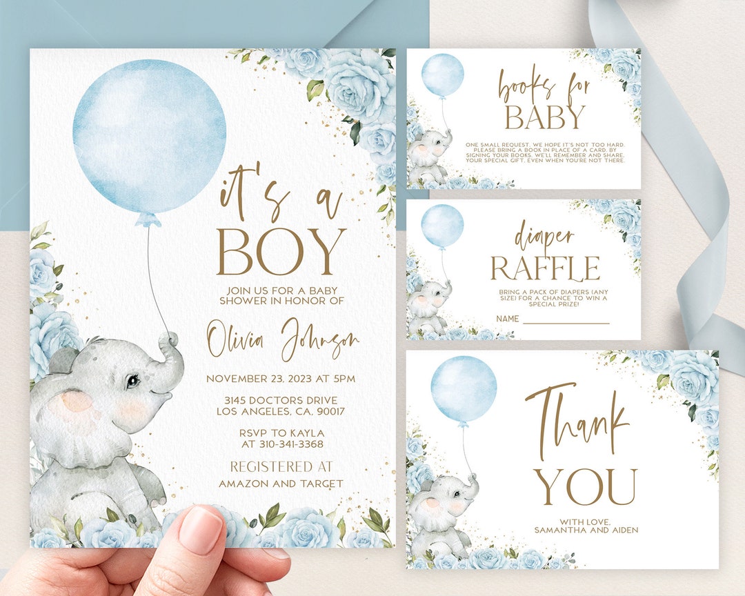 Blue Elephant Balloon Baby Shower Invitation Set, EDITABLE Sweet Little ...
