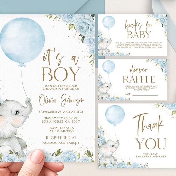 Conjunto de invitación de baby shower con globo de elefante azul, EDITABLE Sweet Little Peanut Party, Es un paquete floral de niño bebé, descarga instantánea BS197