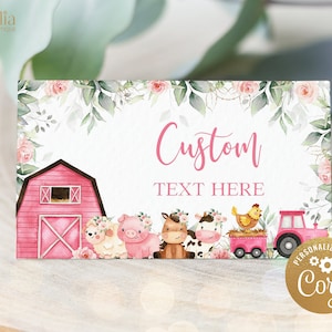 Modèle d’étiquettes alimentaires d’anniversaire de ferme, carte de place d’animaux de grange, carte de tente de ranch rose, décor de 1er anniversaire d’enfants de basse-cour, téléchargement instantané KP082