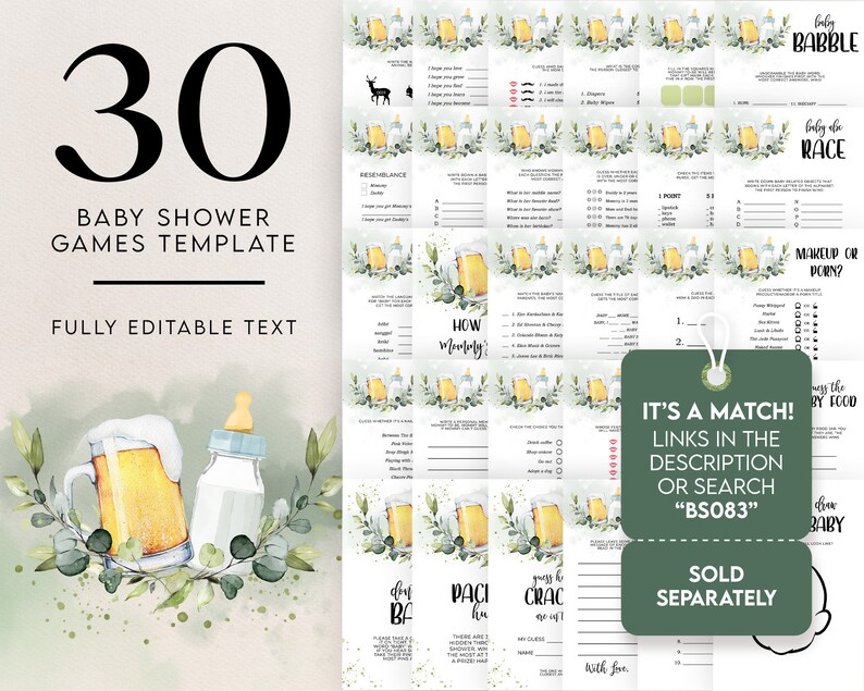May include: A set of 30 printable baby shower game templates featuring a watercolor illustration of a beer mug and a baby bottle with green leaves. The text "It's a Match! Links in the description or search "BS083"" is on a green tag. The text "Sold Separately" is below the tag.
