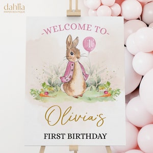 Cartello di benvenuto per il primo compleanno di Peter Rabbit, modello di banner modificabile, coniglietto rustico, 1° compleanno, festa per ragazze stampabile, download istantaneo KP059
