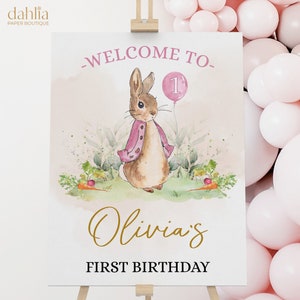 Peter Rabbit First Birthday Welcome Sign, Editable Banner Template, Rustic Bunny, 1st Birthday, Girl Party Printable, Instant Download KP059 image 1