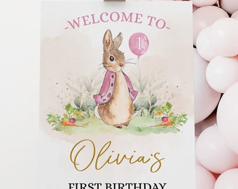 Peter Rabbit First Birthday Welcome Sign, Editable Banner Template, Rustic Bunny, 1st Birthday, Girl Party Printable, Instant Download KP059