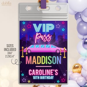 Limo Party VIP Pass sjabloon, bewerkbare VIP Limousine Badge voor Lanyard, Glow Neon Tween Limo Party, Red Carpet Birthday Party naamplaatje KP176