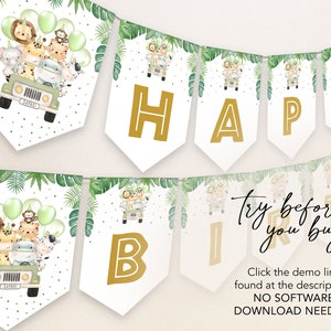 Peut inclure: Une banni&egrave;re imprimable sur le th&egrave;me de la jungle pour une f&ecirc;te d'anniversaire. La banni&egrave;re repr&eacute;sente une jeep verte avec des animaux sur le toit, et les mots "Joyeux anniversaire" en lettres dor&eacute;es.