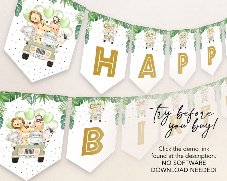 Peut inclure: Une banni&egrave;re imprimable sur le th&egrave;me de la jungle pour une f&ecirc;te d'anniversaire. La banni&egrave;re repr&eacute;sente une jeep verte avec des animaux sur le toit, et les mots "Joyeux anniversaire" en lettres dor&eacute;es.