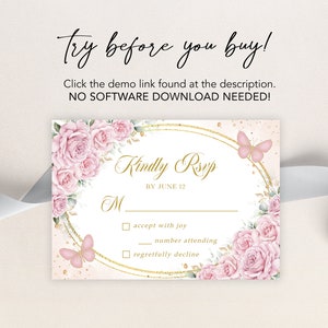 K&ouml;nnte beinhalten: Eine rosafarbene und goldene RSVP-Karte mit einem Blumendesign und Schmetterlingen. Der Text auf der Karte lautet "Kindly RSVP by June 12". Es gibt drei Optionen zur Auswahl: mit Freude annehmen, Anzahl der Teilnehmer und bedauerlicherweise ablehnen.