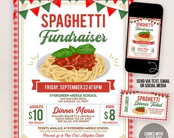 Editable Spaghetti Dinner Fundraiser Flyer Ticket, Pasta PTA PTO School Church Charity Event Fundraising, Invite Template Printable Download