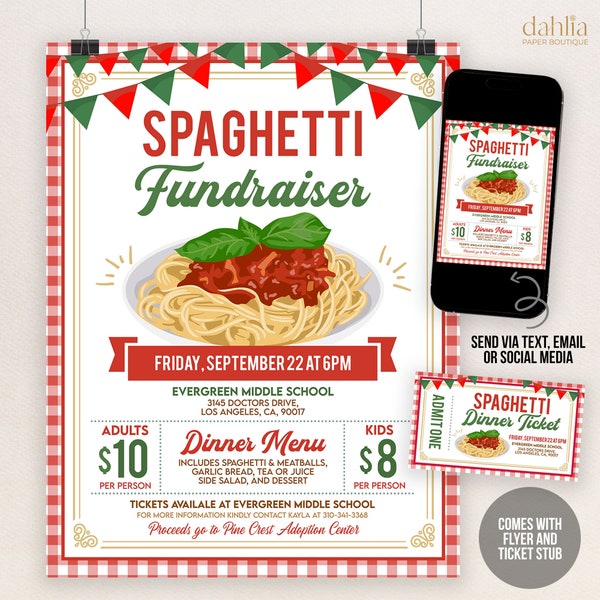 Editable Spaghetti Dinner Fundraiser Flyer Ticket, Pasta PTA PTO School Church Charity Event Fundraising, Invite Template Printable Download