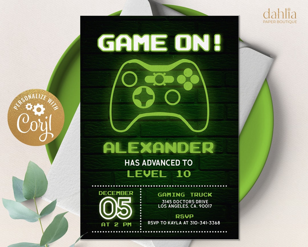 EDITABLE Video Game Party Invitation, Gamer Birthday Invite, Green Glow EDITABLE Video Game Party Invitation, Gamer Birthday Invite, Green Glow