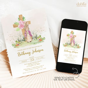 Rosa Peter Rabbit Taufeinladung, bearbeitbare Flopsy Bunny Namenstagseinladung, personalisierte Taufpaten, Sofortiger Download, BP011
