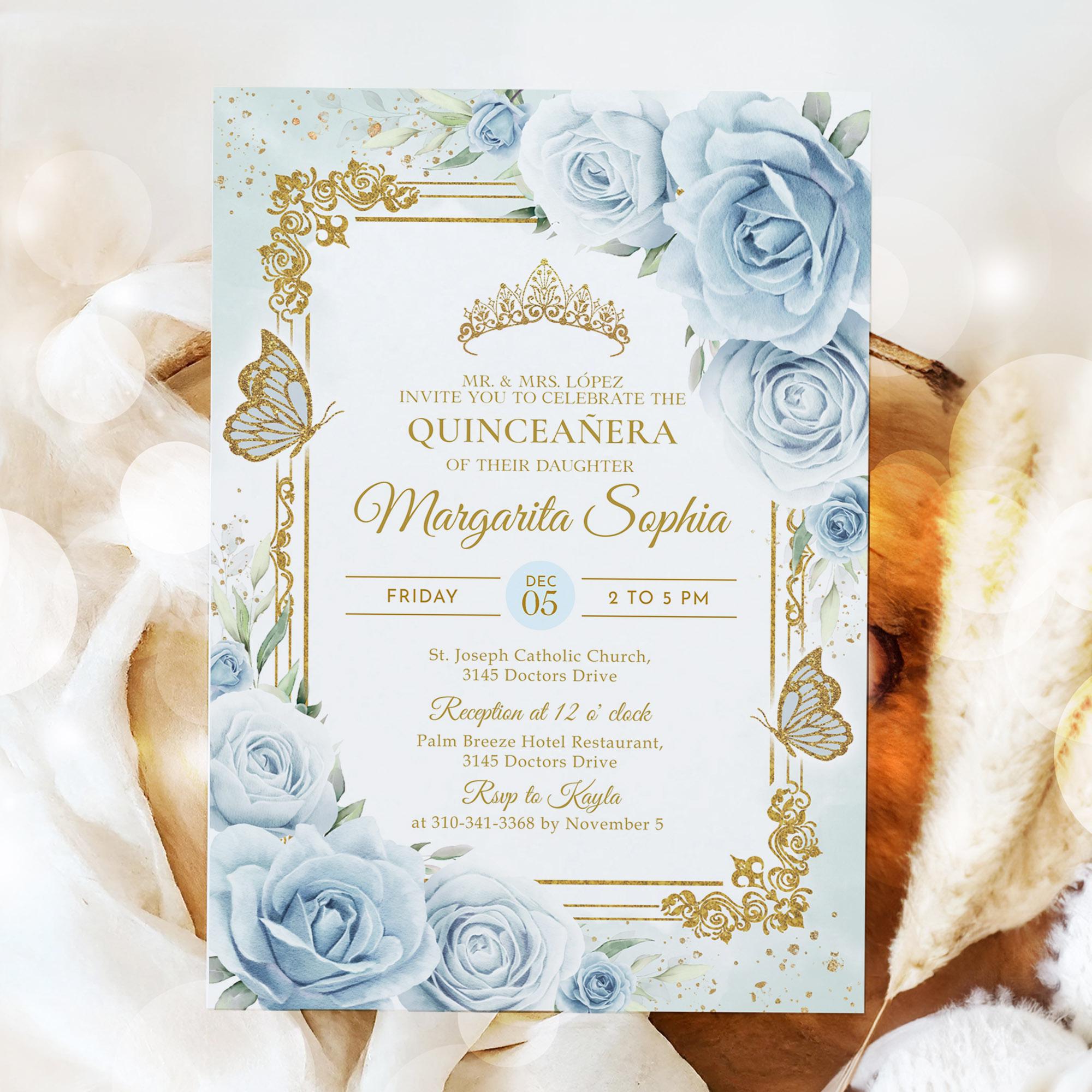 Vintage Quinceañera Invitation, EDITABLE Antique Frame 15th Birthday Party, Floral Blue & Gold Mis Quince Anos Invite, Instant Download Q143