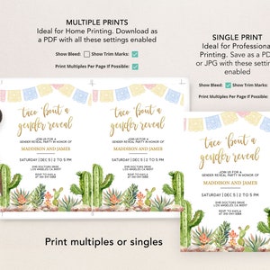 May include: A printable invitation for a gender reveal party with a cactus and succulent theme. The invitation features the text "taco 'bout a gender reveal" in gold lettering and a colorful banner of paper flags. The invitation also includes the date, time, and location of the party.