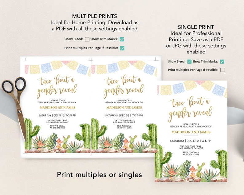 May include: A printable invitation for a gender reveal party with a cactus and succulent theme. The invitation features the text "taco 'bout a gender reveal" in gold lettering and a colorful banner of paper flags. The invitation also includes the date, time, and location of the party.