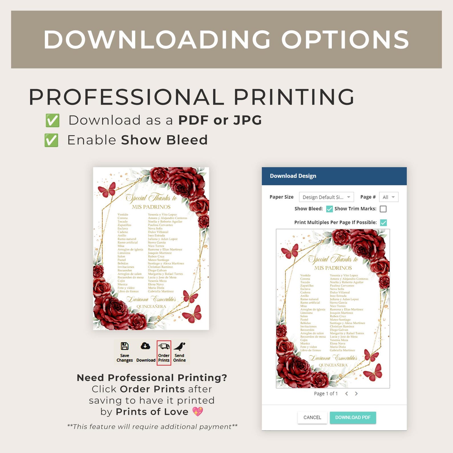 Burgundy Red and Gold Quinceañera Mis Padrinos List, EDITABLE Princess ...