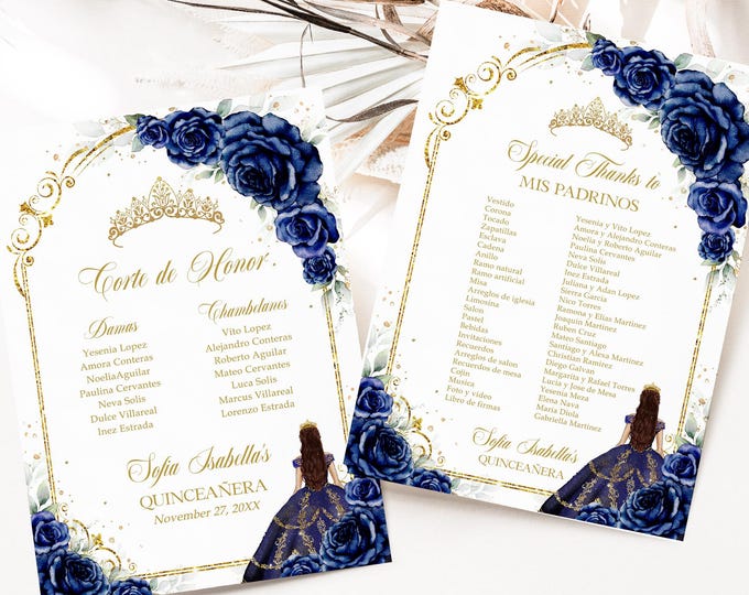 Royal Blue Floral Quinceañera Mis Padrinos Lista Imprimible, PLANTILLA