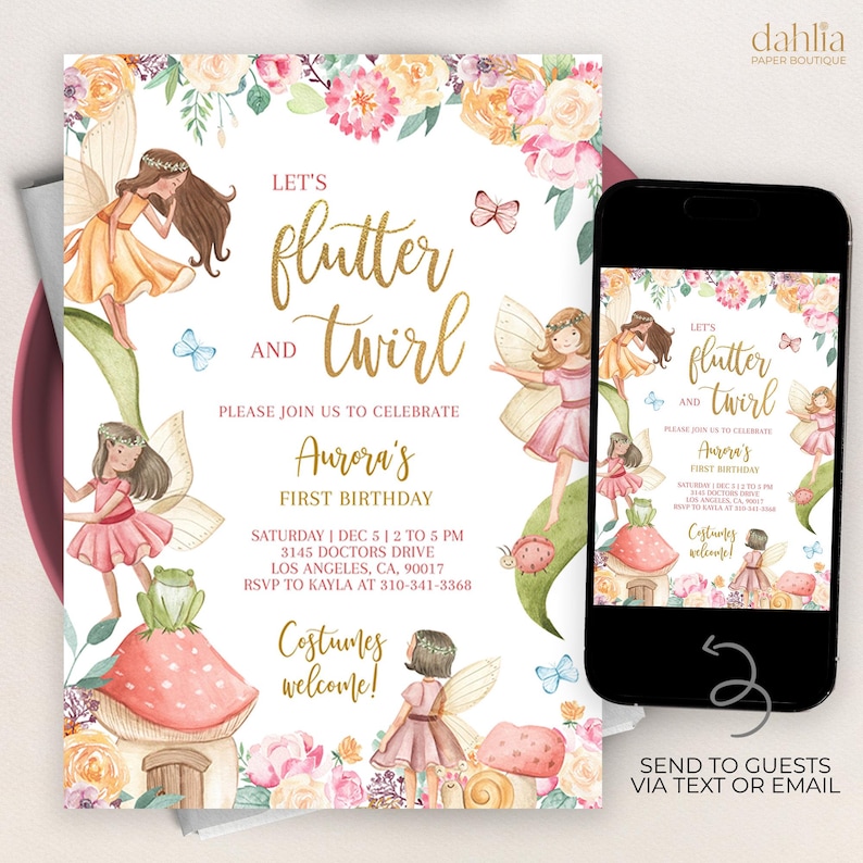 May include: A printable invitation for a first birthday party with a fairy theme. The invitation features a watercolor illustration of fairies, flowers, and mushrooms. The text on the invitation reads "Let's flutter and twirl, Please join us to celebrate Aurora's first birthday, Saturday, Dec 5, 12 to 5 pm, 3145 Doctors Drive, Los Angeles, CA, 90017, RSVP to Kayla at 310-341-3368, Costumes welcome!"