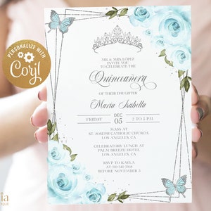 Sky Blue and Silver Quinceañera Invitation, EDITABLE Tiara Rose 15th Birthday Party Invite Template, Mis Quince Anos, Instant Download Q015