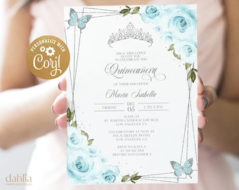 May include: A Quinceañera invitation with a silver glitter background and a silver geometric frame. The invitation features blue watercolour roses, butterflies, and a silver crown. The text reads "MR & MRS LOPEZ INVITE YOU TO CELEBRATE THE QUINCEAÑERA OF THEIR DAUGHTER MARIA ISABELLA FRIDAY DEC 05 2 TO 5 PM MASS AT ST. JOSEPH CATHOLIC CHURCH LOS ANGELES CA CELEBRATORY LUNCH AT PALM BREEZE HOTEL LOS ANGELES, CA RSVP TO KAYLA AT 310-341-3368 BEFORE NOVEMBER 3"