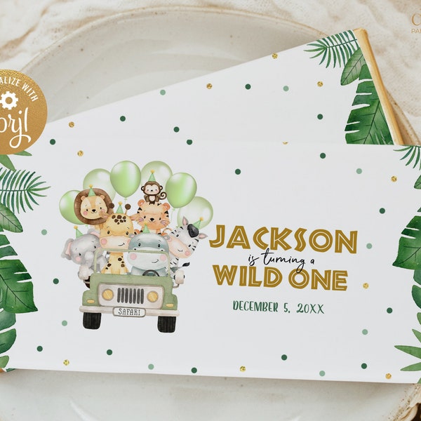 Editable Wild One Chocolate Bar Label Template, Candy Bar Wrapper, Safari Animals, Jungle Animals, Jungle Safari Birthday Label, Corjl KP084