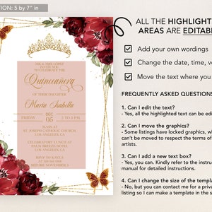 May include: A Quincea&ntilde;era invitation template with a gold and white background. The template features a gold crown, butterflies, and red floral designs. The text on the template reads "Quincania of their daughter Maria Isabella". The text also includes the date, time, and location of the event. The template is editable, allowing users to customize the text and graphics.