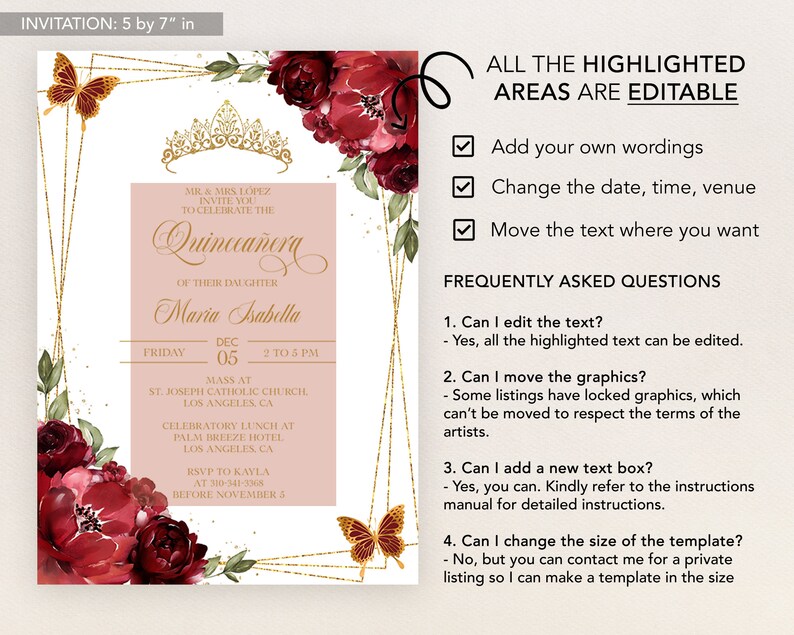 May include: A Quincea&ntilde;era invitation template with a gold and white background. The template features a gold crown, butterflies, and red floral designs. The text on the template reads "Quincania of their daughter Maria Isabella". The text also includes the date, time, and location of the event. The template is editable, allowing users to customize the text and graphics.