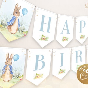 Banner di buon compleanno Peter Rabbit MODIFICABILE, banner di compleanno Flopsy Bunny, decorazioni per feste con coniglietto blu per bambini, download immediato, Corjl, KP059