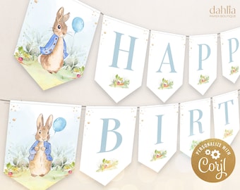 EDITABLE Peter Rabbit Happy Birthday Banner, Flopsy Bunny Birthday Banner, Boy Blue Bunny Party Decorations, Instant Download, Corjl, KP059