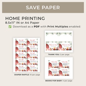 May include: Printable 8.5x11 inch or A4 paper templates for a farm-themed baby shower. The templates include a diaper raffle, a thank you card, and a books for baby card. Each template features a red barn, a pig, a cow, and a chicken.