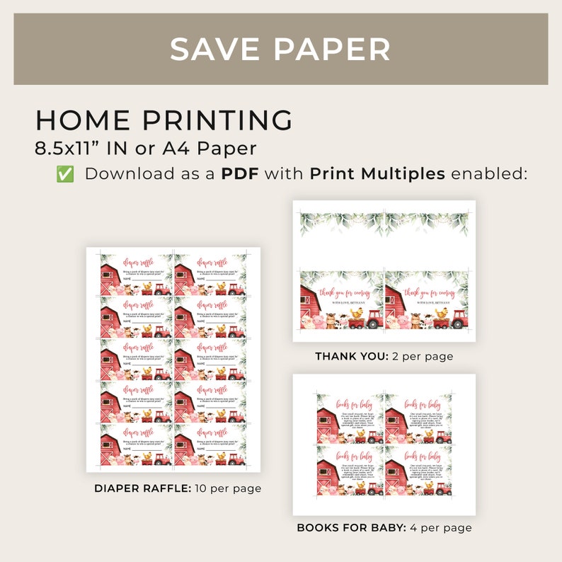 May include: Printable 8.5x11 inch or A4 paper templates for a farm-themed baby shower. The templates include a diaper raffle, a thank you card, and a books for baby card. Each template features a red barn, a pig, a cow, and a chicken.