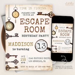 Escape Room Invitation, EDITABLE Mystery Birthday Party Invite, Kids Escape Room Birthday Party, Detective Game Night Mobile Invite, KP307
