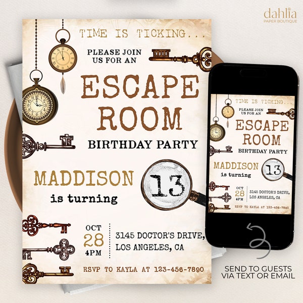 Faire-part d'escape game, MODIFIABLE invitation à une fête d'anniversaire mystère, fête d'anniversaire d'escape game pour enfants, invitation mobile pour une soirée jeux de détective, KP307