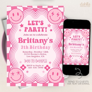 Retro Smiley Birthday Invitation, Editable Preppy Pink Party Invite, Wavy Checkered Tween Girl Birthday Text Invite, Instant Download, KP310