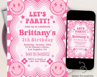 Retro Smiley Birthday Invitation, Editable Preppy Pink Party Invite, Wavy Checkered Tween Girl Birthday Text Invite, Instant Download, KP310