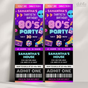 80er Jahre Ticket-Geburtstagsfeiereinladung, bearbeitbare Überraschungs-Retro-Party einladen, Zurück zur 80er Jahre Hip Hop Throwback Party, Groovy Printable, KP435