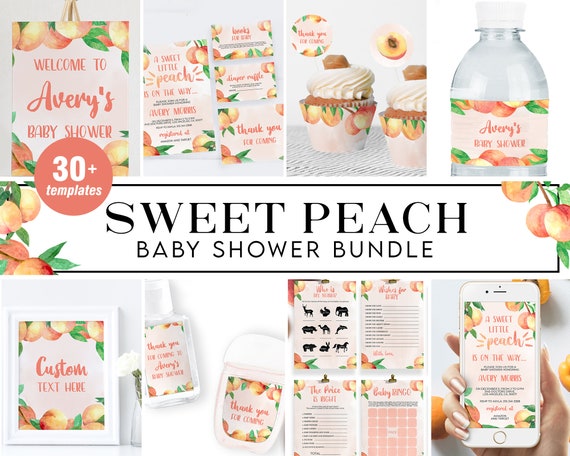 Sweet Little Peach Baby Shower Bundle, Sweet Little Peach Baby Shower Invitation Set, Peach Girl Baby Shower Invite Template, BS008, Corjl Il_570xn