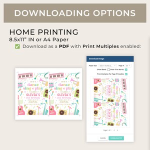 May include: A screenshot of a computer screen displaying a printable invitation design for a child's birthday party. The invitation features a colourful musical theme with musical instruments and the text "Join us to celebrate Olivia's 2nd Birthday". The screen also shows options for downloading the design as a PDF with print multiples enabled.